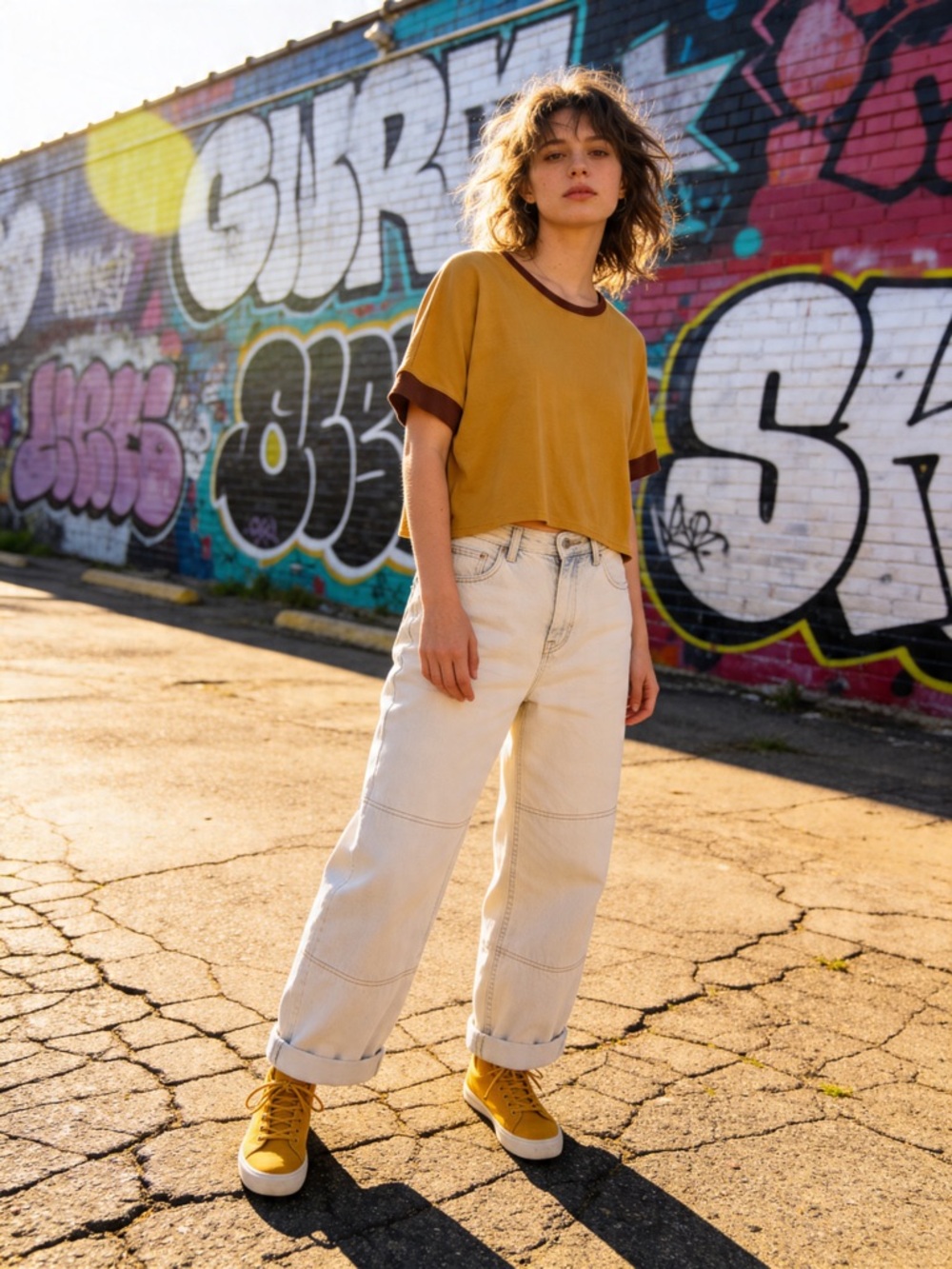 DOKOTOO Mustard Crop Top Contrast Trim Short Sleeve Boxy Tee